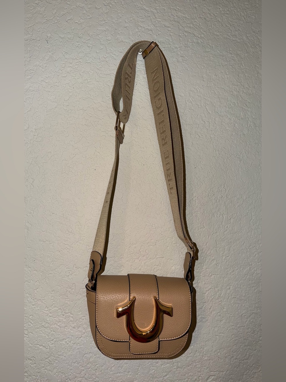 True Religion Taupe Crossbody with Gold Horseshoe Accent